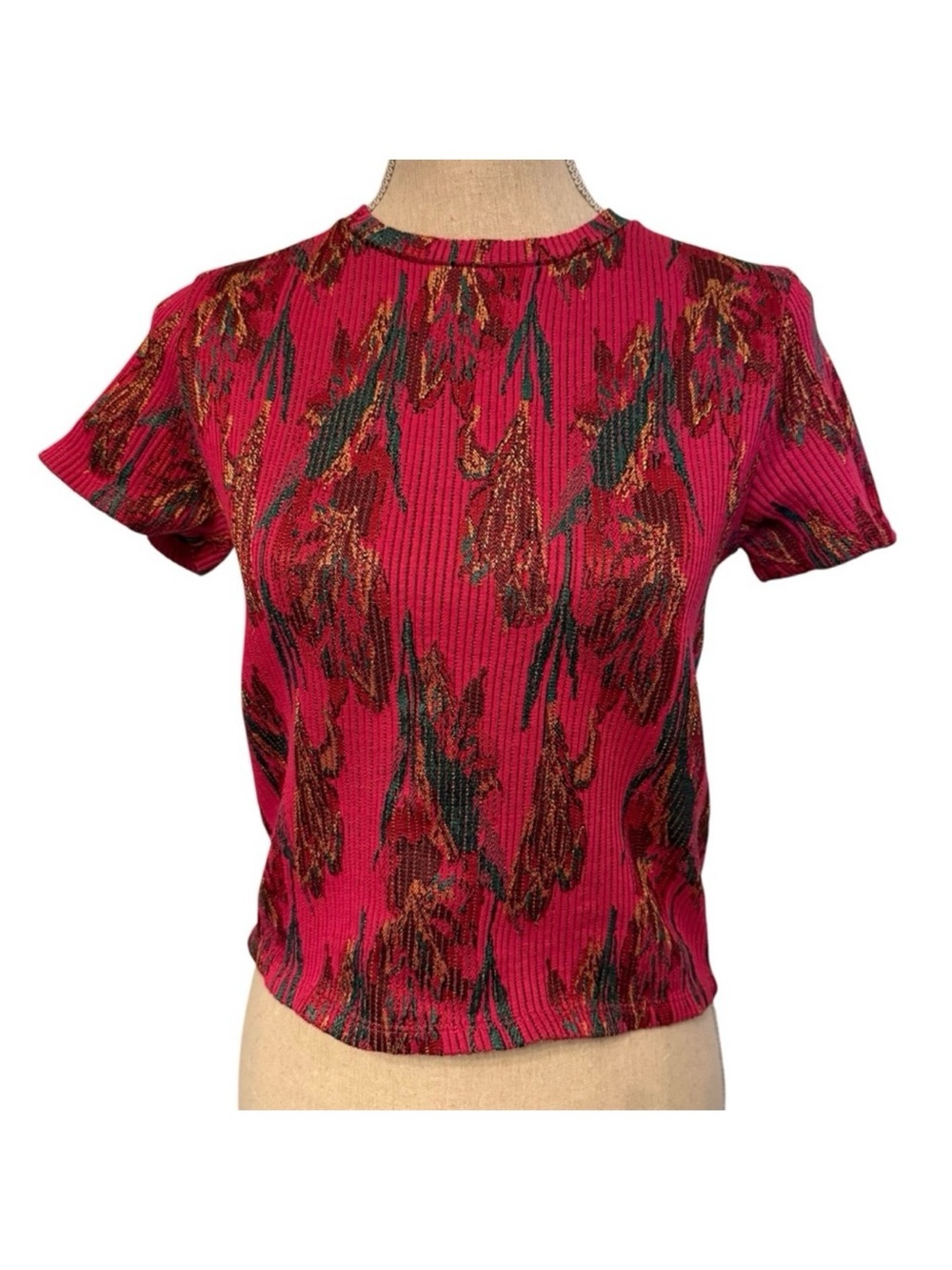ZARA TRAFALUC TOP CROPPED RIBBED PINK GREEN GOLD SHORT SLEEVE CREWNECK SIZE S